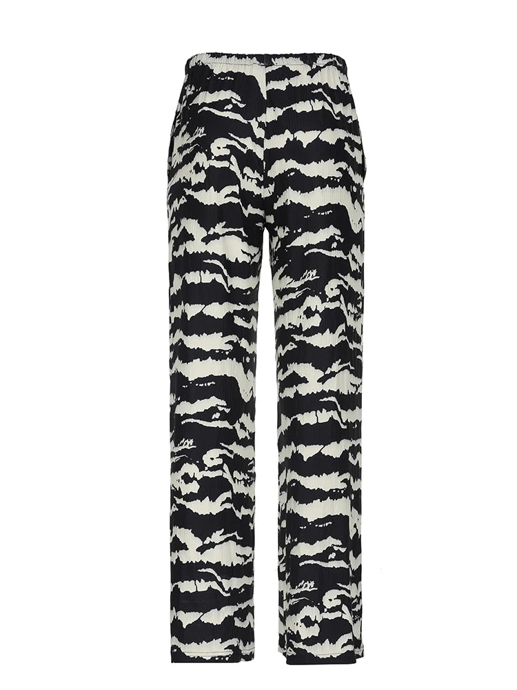 Pantalones rectos de punto con rayas de cebra para mujer, con cordón ajustable, cintura elástica, holgados e informales, conjuntos bohemios para vacaciones.