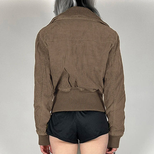 Chaqueta de pana Y2K para mujer, moda otoño 2000, abrigo marrón con cremallera, detalle de bolsillo vintage, corte entallado, ropa de calle