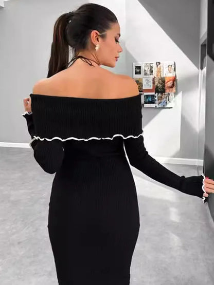 Fall Winter Sexy One-Shoulder Long Knit Dress Slim Elegant Fungus Splice Contrast Color Sweater Female Club Party Dresses