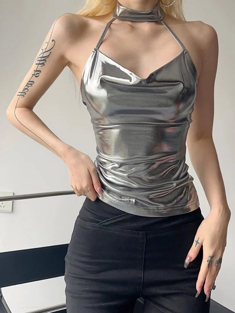 Top corto de moda de color liso para mujer, de una pieza, sexy, informal, con cordones, sin mangas, Y2k, con escote cuadrado y espalda descubierta