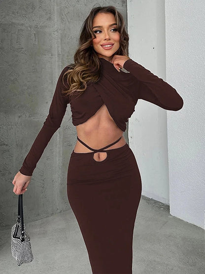 Conjunto de falda y top corto de manga larga de color liso con fruncido, ajustado, con cordones y falda sexy con el ombligo expuesto, a juego, para otoño