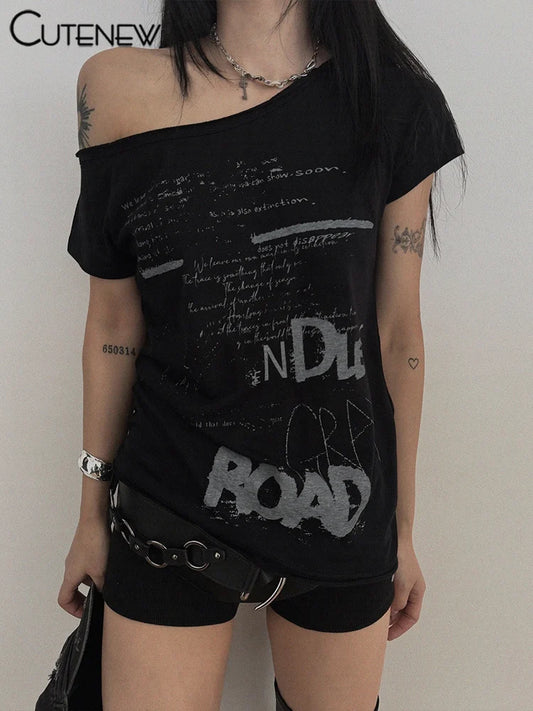 Fashion T-shirts Women Irregular Letter Print Summer Classic Short Sleeve Basic Fit Tees Female Wild Street Matching Top