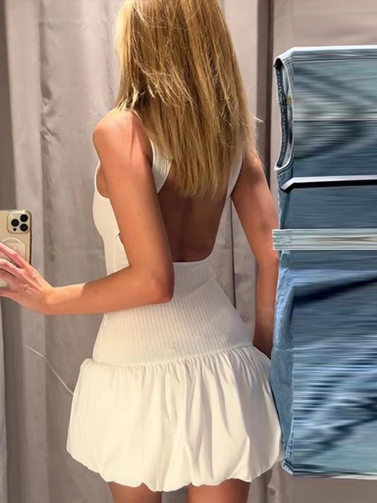 Elegant Solid Color Mini Dress For Women Knitted O Neck Sleeveless Backless Female Skirts  Summer New Chic Ladies Robe
