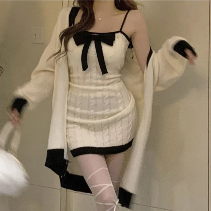 Elegante conjunto de dos piezas de punto para mujer, vestido de fiesta dulce con lazo de diseñador, conjunto de suéter de estilo coreano para mujer, minivestido de invierno.