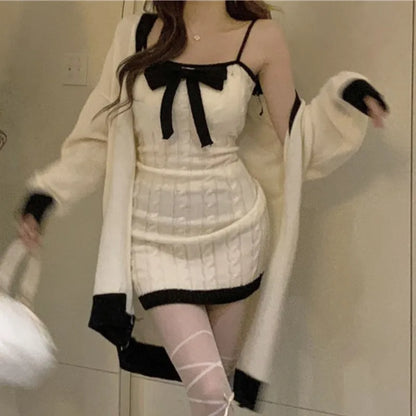 Elegante conjunto de dos piezas de punto para mujer, vestido de fiesta dulce con lazo de diseñador, conjunto de suéter de estilo coreano para mujer, minivestido de invierno.