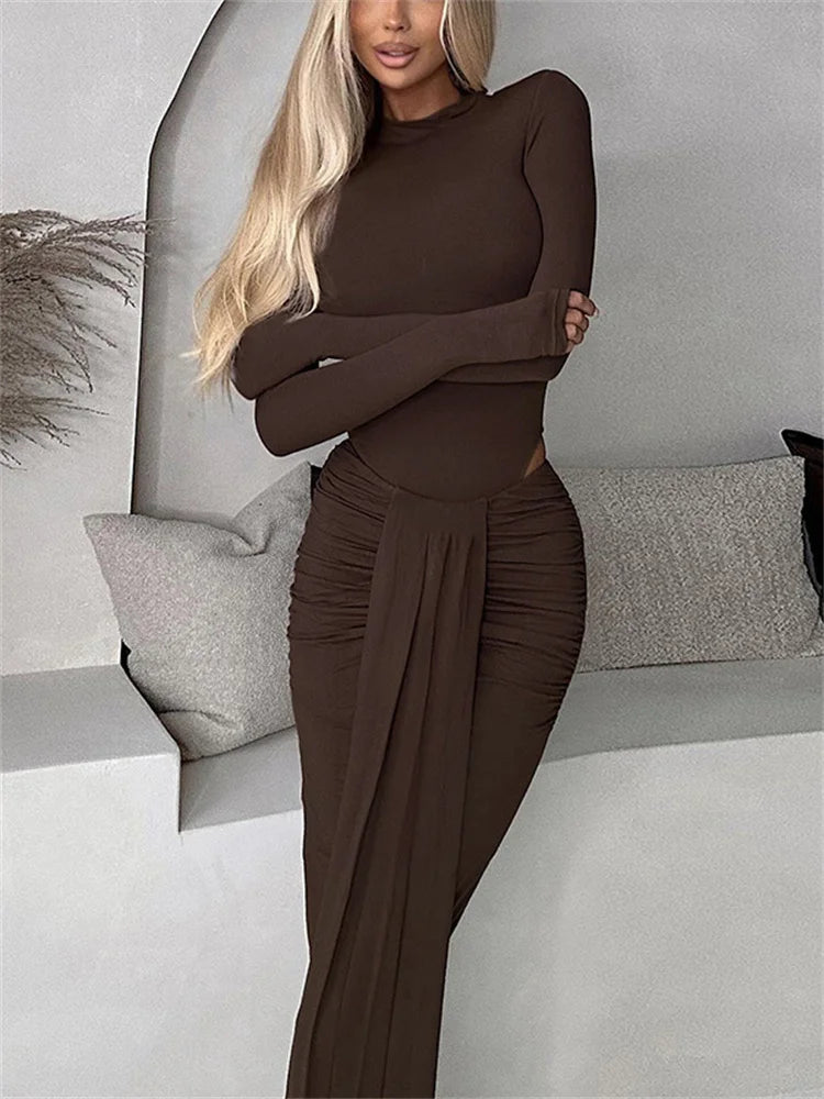 Conjunto de dos piezas de invierno para mujer: falda larga, mono informal de cintura alta y falda larga plisada, conjuntos sexis ajustados de color liso.