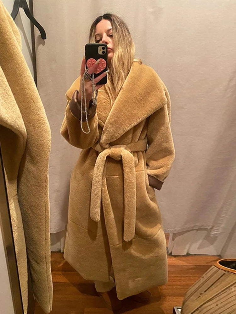 Abrigos largos elegantes de piel sintética con cinturón, solapa grande, manga larga y bolsillo, abrigos de felpa para mujer, ropa de calle de invierno 2025