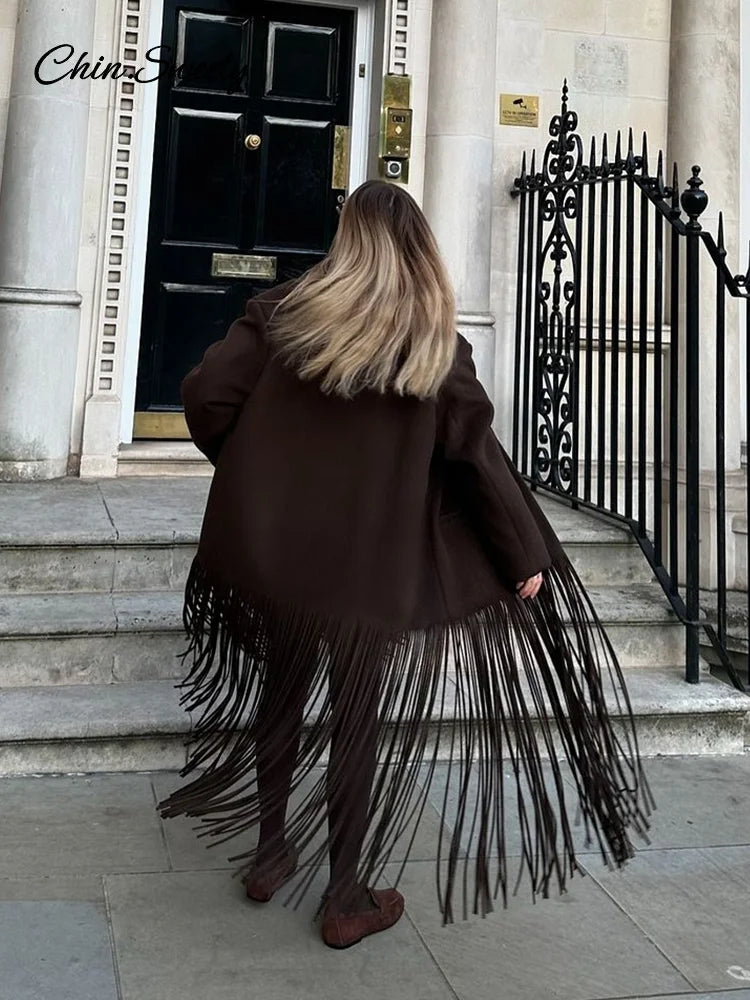Abrigo largo de lana con borlas para mujer, chaqueta holgada de manga larga con solapa y botonadura sencilla, color marrón, primavera 2025