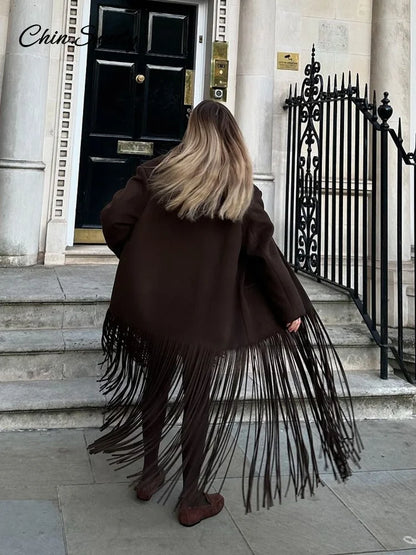 Abrigo largo de lana con borlas para mujer, chaqueta holgada de manga larga con solapa y botonadura sencilla, color marrón, primavera 2025
