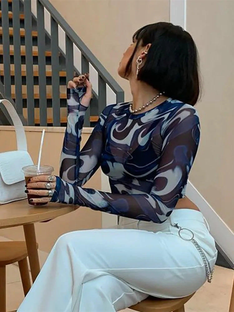Summer Casual Round Neck pullover Shirts For Wome Fashion Mesh Slightly Sheer Print Women Clothes Sexy Slim Long Sleeve Y2kTop
