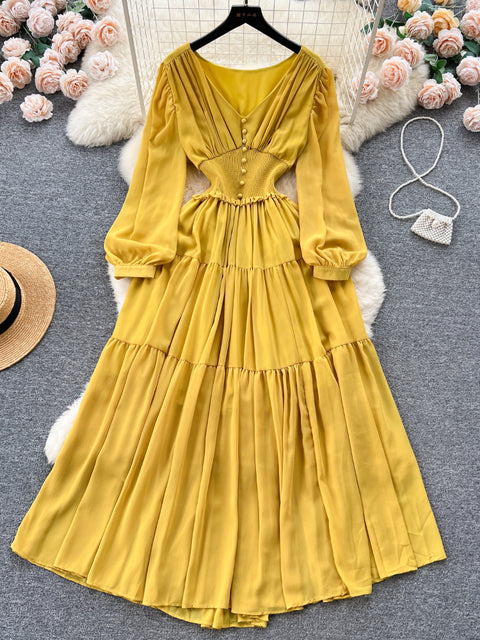 Vestido largo de gasa vintage para mujer, elegante, con escote en V, manga larga, informal, plisado francés, ajustado, corte A, largo