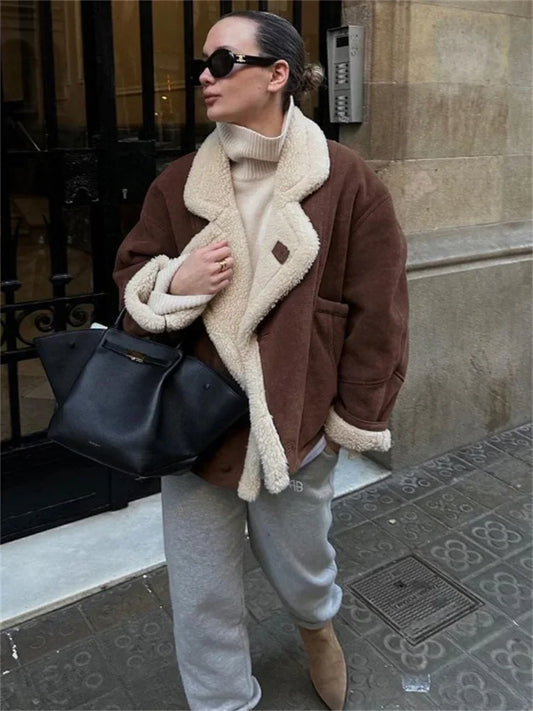 Abrigo holgado de invierno a la moda para mujer, chaqueta con bolsillo de solapa, abrigo de calle, ropa de calle con contraste, prendas de vestir vintage para mujer 2025