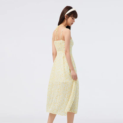 Vestido de mujer de gasa con tirantes altos y abertura, vestido de verano nuevo Sen Slim Fit con flores fragmentadas, suave
