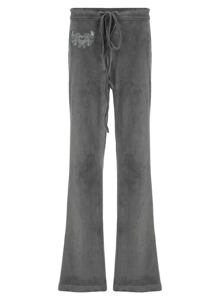 Pantalones acampanados de terciopelo de cintura baja estilo retro americano Y2K para mujer, con cordón ajustable en la cintura, con corazón y diamantes de imitación, bonitos pantalones casuales de calle