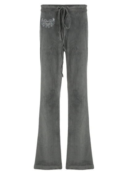 Pantalones acampanados de terciopelo de cintura baja estilo retro americano Y2K para mujer, con cordón ajustable en la cintura, con corazón y diamantes de imitación, bonitos pantalones casuales de calle