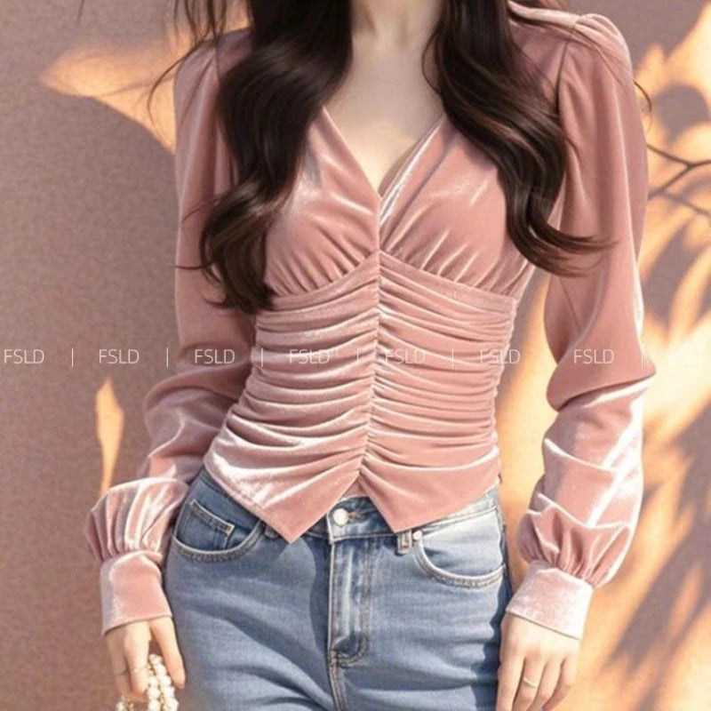 Camiseta de manga larga de terciopelo para mujer, cuello en V, informal, para jóvenes, elegante, de lujo, blusa básica, moda nueva