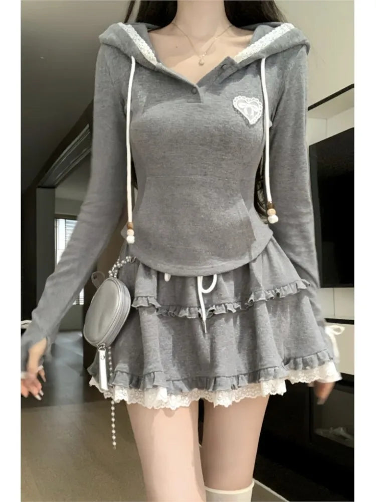 Conjunto de falda de dos piezas Y2K para mujer, otoño, nuevo, con capucha, manga larga, top corto, encaje, volantes, minifalda, trajes de moda coreana, trajes Kawaii