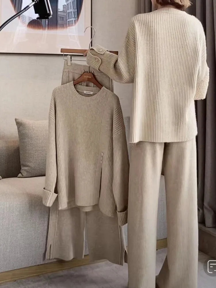Women’s Knitted 2-Piece Set Tracksuit Autumn Winter O-neck Pullover Sweater Wide Leg Pants Harajuku Warm Solid Casual Suit New