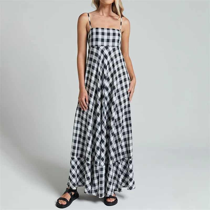 Summer Long Dresses  Women Plaid Print Spaghetti Strap Sleeveless A Line Dresss Vacation Party Dresses Beachwear