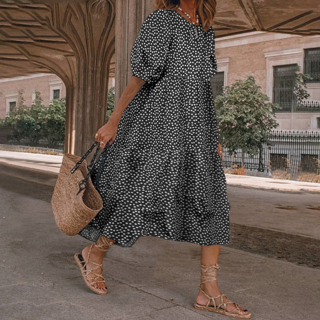 Vestido estampado de verano 2025 para mujer, manga corta abullonada, volantes, holgado, corte A, midi, informal, para playa y vacaciones