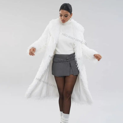 Abrigo de piel ecológica con plumas de High Street para mujer, chaqueta de piel sintética de zorro con solapa de invierno, abrigo largo y esponjoso liso para mujer