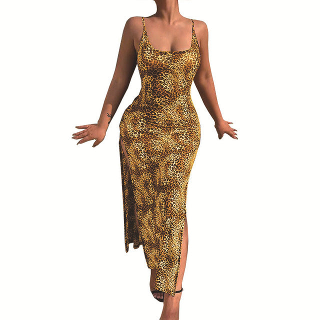 Vestidos largos ajustados con estampado de leopardo a la moda para mujer, vestidos sexis de corte bajo con espalda descubierta y abertura en la cadera, ropa de calle femenina de verano, novedad