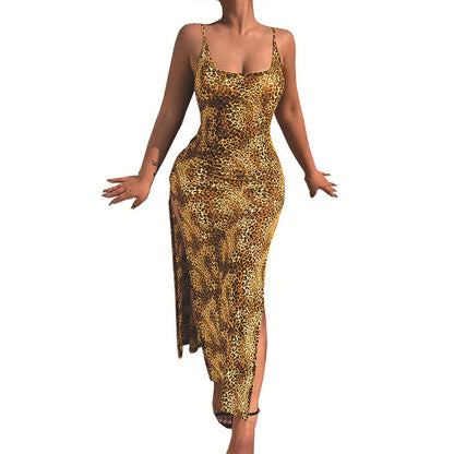 Vestidos largos ajustados con estampado de leopardo a la moda para mujer, vestidos sexis de corte bajo con espalda descubierta y abertura en la cadera, ropa de calle femenina de verano, novedad