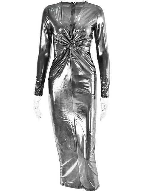 Winter Sexy Deep V Long Sleeve Dress For Women Bodycon Pleated Metal Maxi Dress Elegant Party Club Evening Vestidos