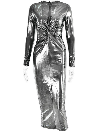 Winter Sexy Deep V Long Sleeve Dress For Women Bodycon Pleated Metal Maxi Dress Elegant Party Club Evening Vestidos