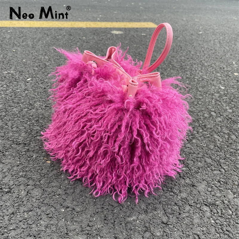 Bolso de lujo con borlas de colores y cordón peludo para mujer, bolso de felpa estilo Harajuku Street Punk Y2k, bolso de hombro de piel sintética para chicas atractivas