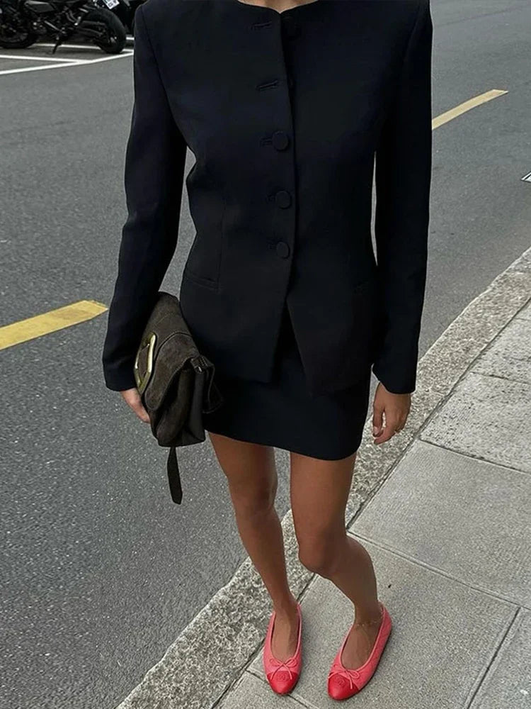 Elegant Blazer Skirt Suit Women Slim Long Sleeve O-neck Button Jacket Mini A-line Skirt 2025 Spring Lady New in Matching Outfits