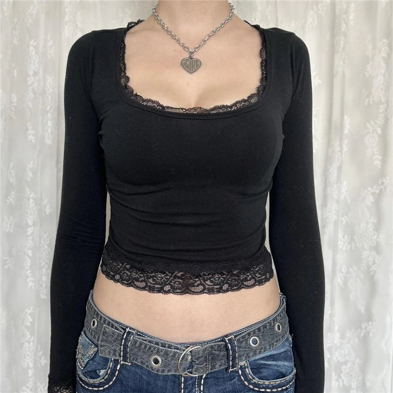 Camiseta de manga larga con cuello cuadrado y estampado de hadas estilo Y2K para mujer, estilo gótico, estilo urbano