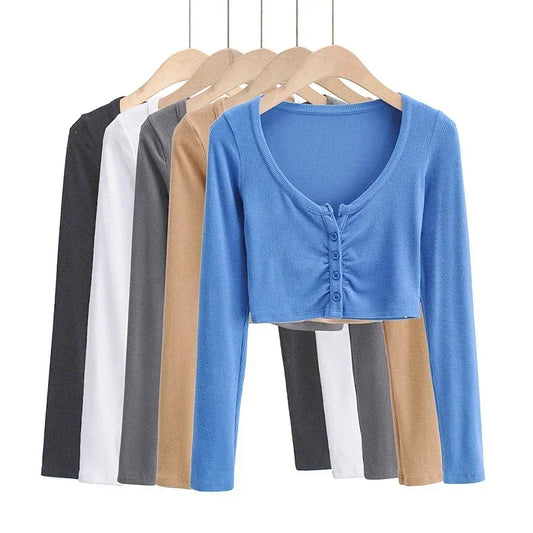 Blusas y tops de mujer con escote en V, manga larga y bajo ajustado, cárdigan de color liso con abertura en el ombligo.