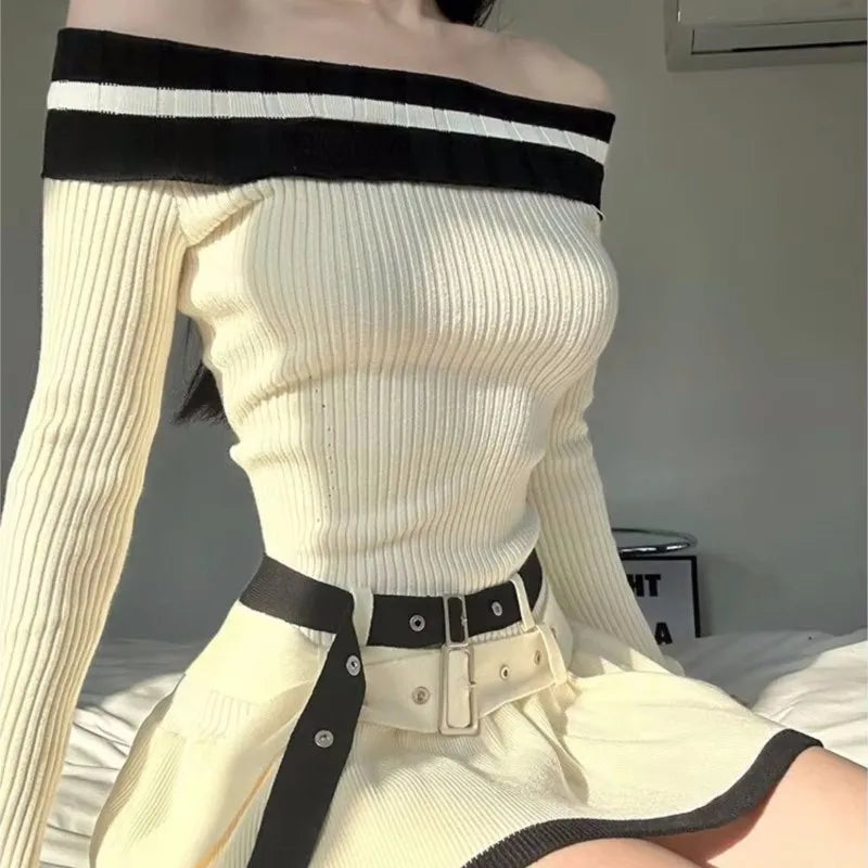 Minivestidos de punto informales ajustados Y2K para mujer, con hombros descubiertos, elegantes, de moda coreana, vestido de fiesta corto con cinturón, ropa nueva de otoño