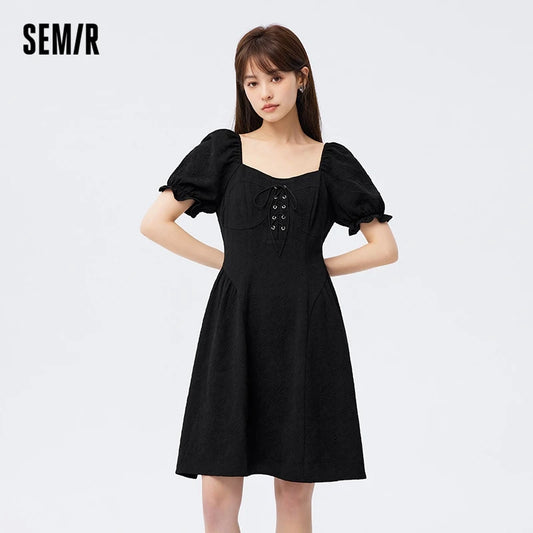 Dress Women Bubble Sleeves Romantic Summer  New Style Strap Square Neck Short Dress Sweet And Cool