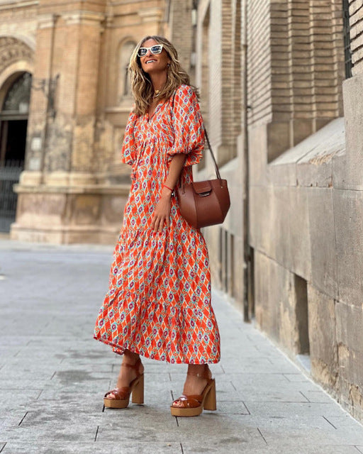 Autumn Dresses For Women 2025 Print Casual Ruffles Loose Long Dress Vintage Elegant Office Beach Style V Neck Vestidos