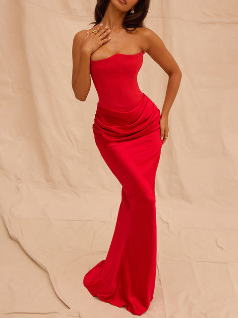 Elegant Strapless Satin PatchWork Bodycon Party Club Evening Dress Women Winter Sexy Backless Female Vestido 2025 New