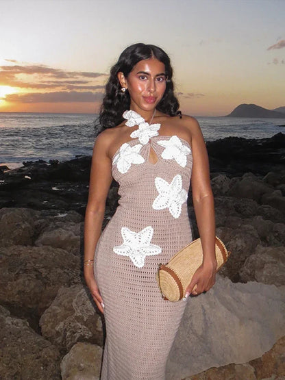 Vestido largo sexi de punto con flores para mujer, vestido largo sin mangas con cuello halter y aberturas, moda de verano para vacaciones en la playa