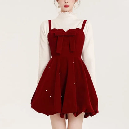 Conjunto de dos piezas navideño para mujer, suéter liso, corte A, terciopelo, vestido corto sin mangas, moda coreana, otoño, nuevos conjuntos