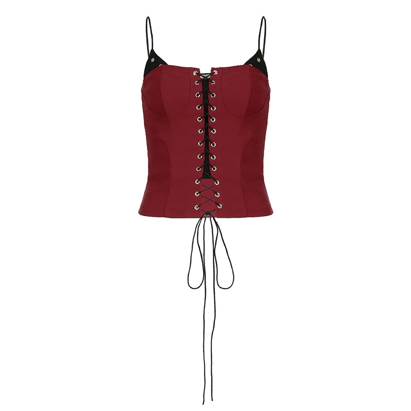 Camisola sexy ajustada con lazo para mujer, con parches en contraste y ojales, estilo retro Y2K para fiesta y club.