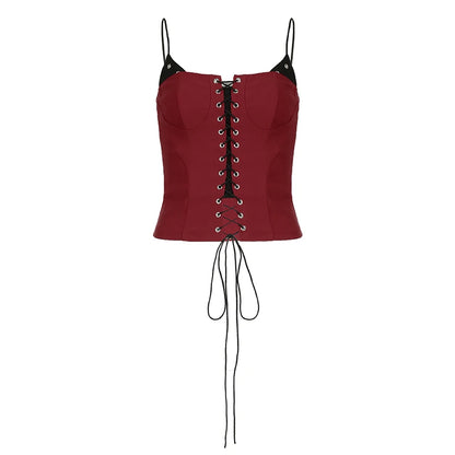 Camisola sexy ajustada con lazo para mujer, con parches en contraste y ojales, estilo retro Y2K para fiesta y club.