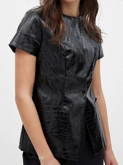 Vintage PU Leather O-neck Shirts Women Casual Loose Solid Short Sleeve Single Breasted Shirt Female Spring Chic High Street Tops