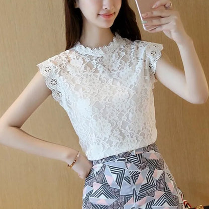 Blusa de encaje calado de verano, elegante, para mujer, de crochet, de manga corta, DF1591