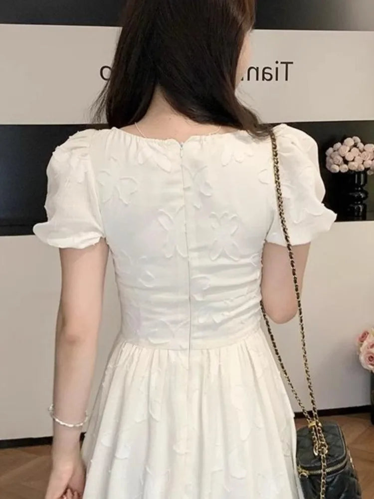 Elegantes vestidos midi para mujer, novedad de verano, manga abullonada, cuello cuadrado, corte A, vestido informal para fiesta de cumpleaños, vestido coreano de una pieza