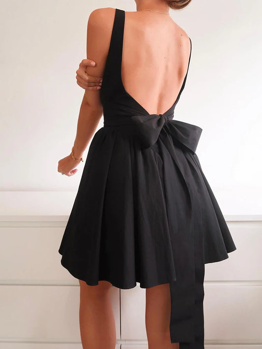 Solid Elegant Fashion Backless Sexy A Line Short Dress Women Sleeveless Square Collar Fit And Flare Dresses