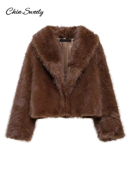 Abrigo corto de piel sintética con solapa marrón para mujer, chaqueta holgada gruesa y cálida de manga larga y esponjosa, ropa de calle para otoño e invierno.