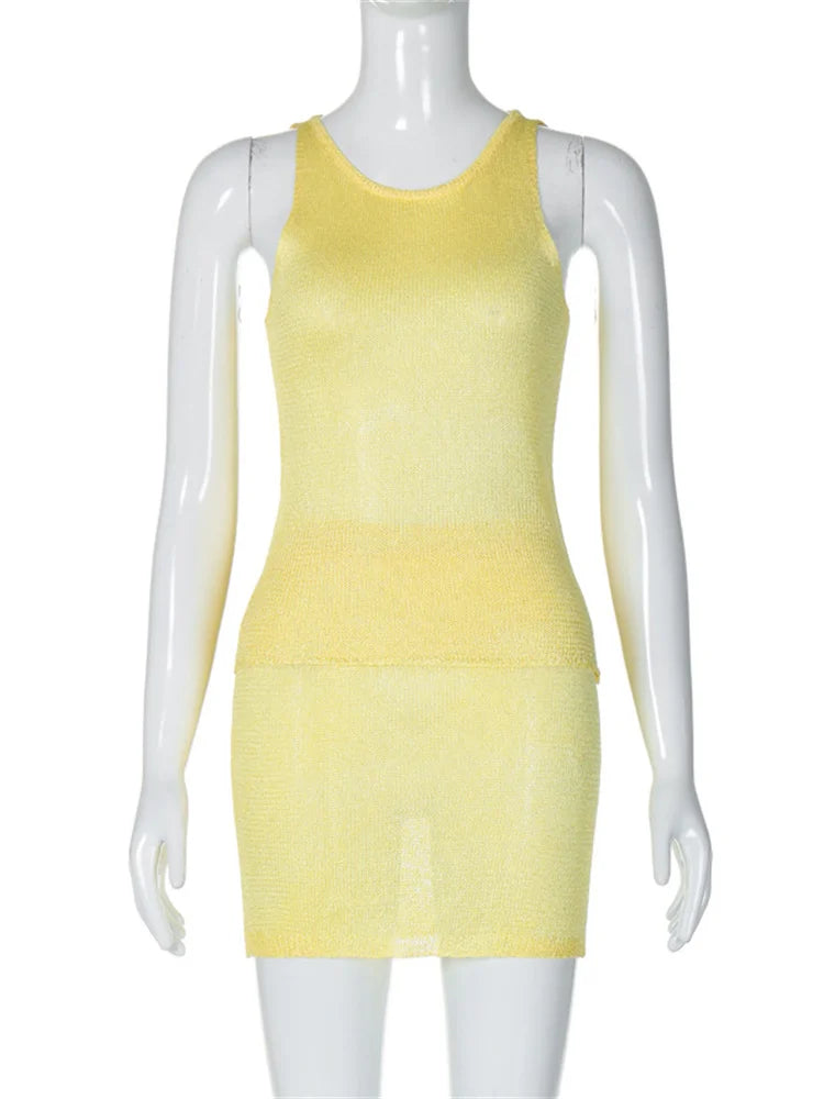 Conjunto de 2 piezas de suéter de punto y minifalda para mujer, jersey sin mangas, conjuntos de top y falda sexys de moda, prendas de punto lisas.