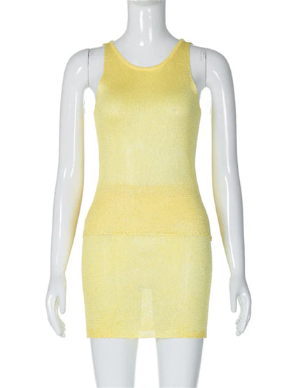 Conjunto de 2 piezas de suéter de punto y minifalda para mujer, jersey sin mangas, conjuntos de top y falda sexys de moda, prendas de punto lisas.