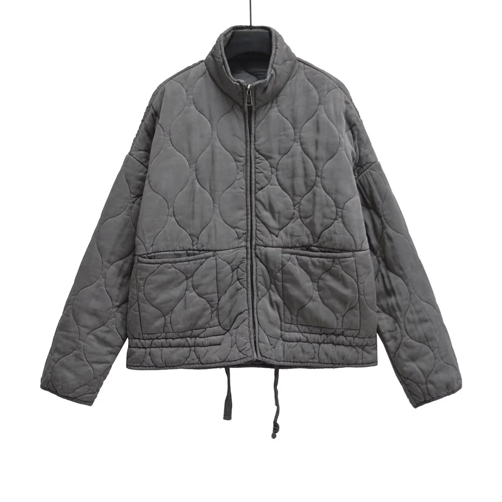 Abrigo de algodón con cuello alto, holgado, con bolsillos y rejilla de rombos para mujer, estilo de invierno, para uso diario y tiempo libre