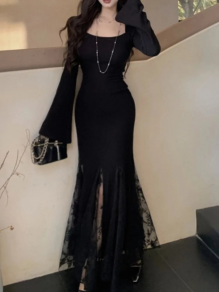 New Spring Summer Vintage Bodycon Solid Chic Women Black Dress Elegant Slim Lace Patchwork Party Prom Vestidos Female Clothes